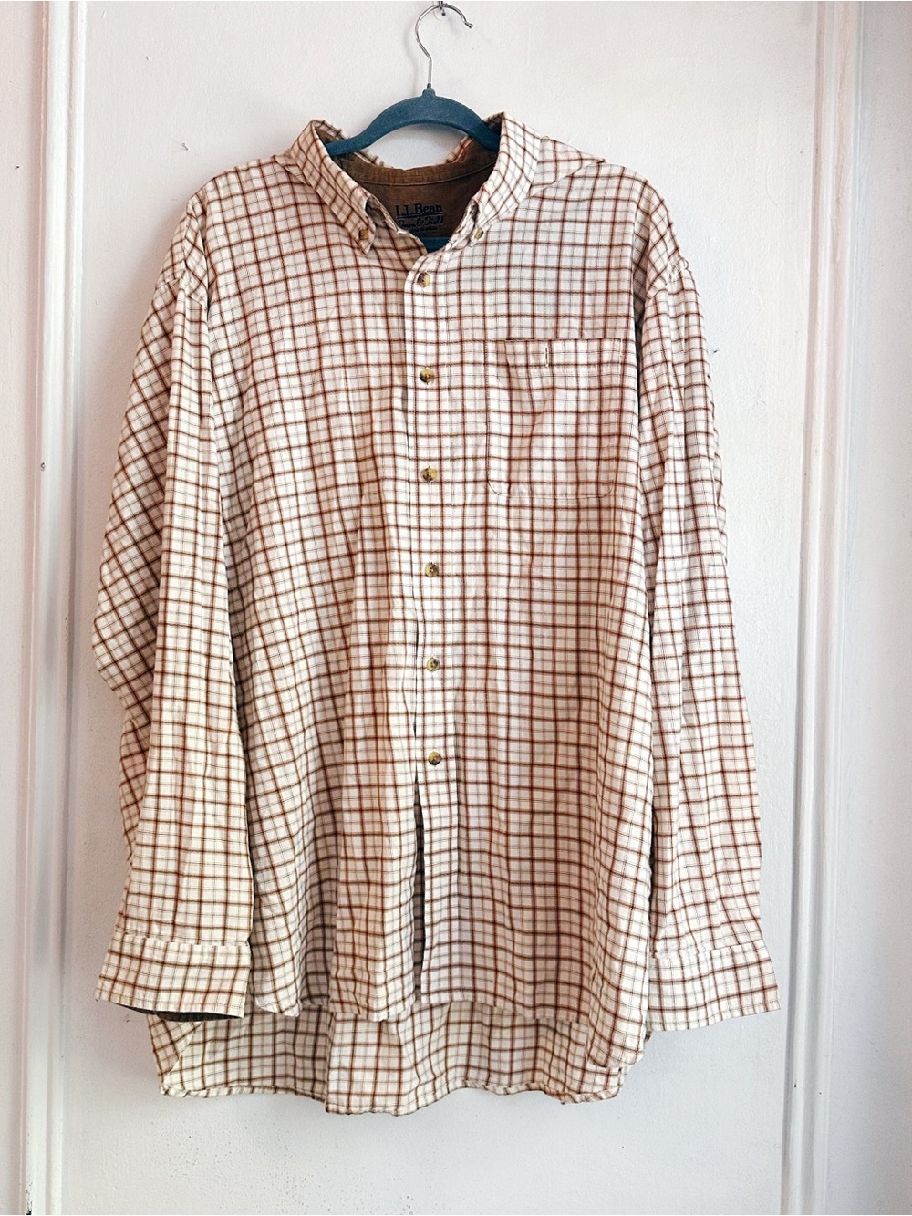 LL Bean 100% Cotton Town and Field men’s neutral plaid button down shirt XXL